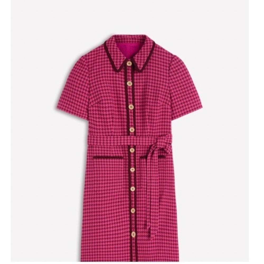 Boden Pink Houndstooth Tweed Mini Dress Short Sleeve Button Front Belted | 12L - Picture 1 of 6